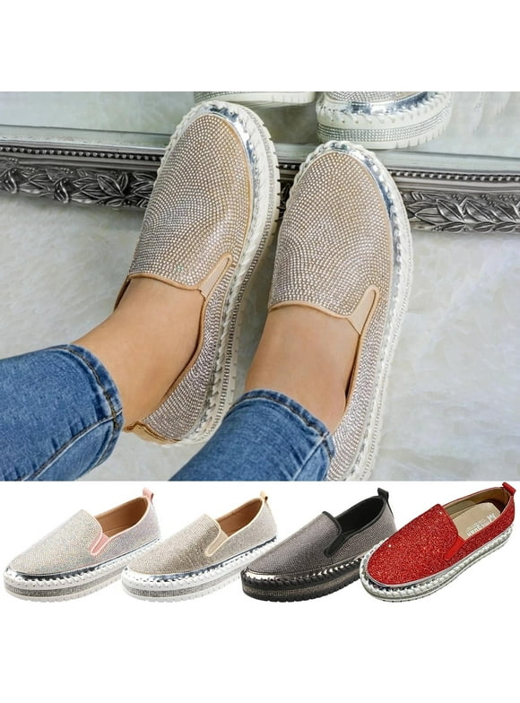 Miluxas Women Rhinestone Platform Loafers Clearance,Glitter Fashion Slip-On Sparkle Bling Sequin Sneakers Fall 2024 Casual Flats Silver 10.5(45)