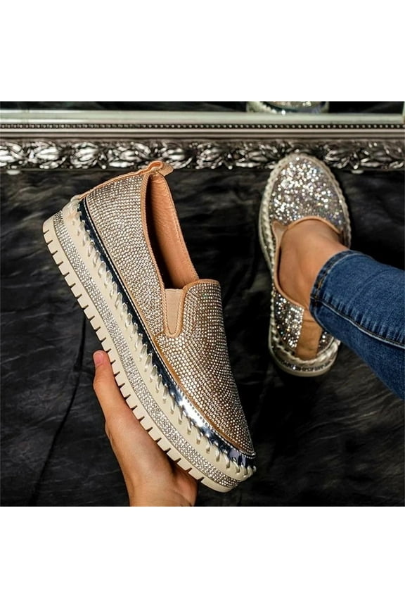 Women Rhinestone Platform Loafers ,Glitter Fashion Slip-On Sparkle Bling Sequin Sneakers Fall Casual Flats Silver 6.5(38)