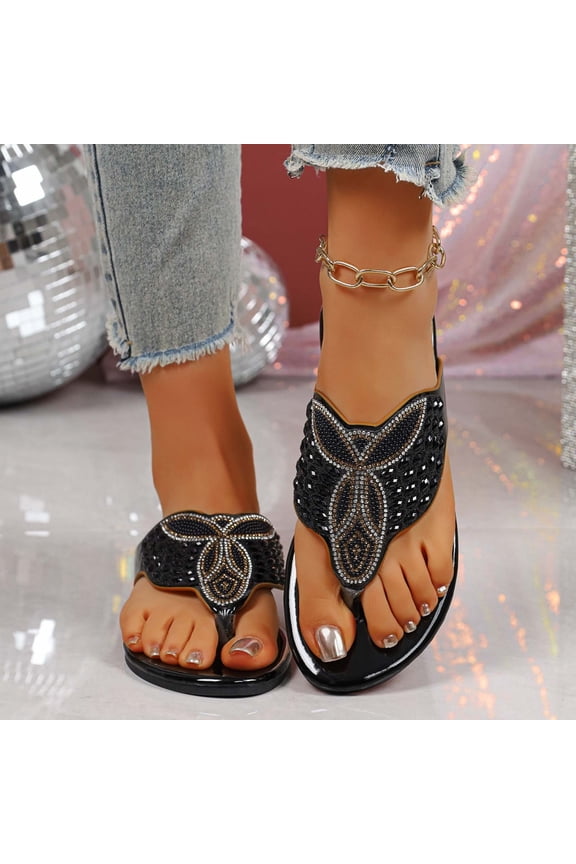 Women Sandals Rhinestone Dressy Casual Summer Flat Flip Flops Comfortable Bohemian Clip on Sandals for Beach Vacation Black 9(42)