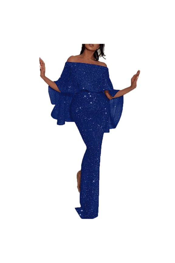 Women Sequin Elegant off Shoulder Mermaid Ruffle formal Party Cocktail Gowns Bodycon Evening Maxi Dress Blue S(S)