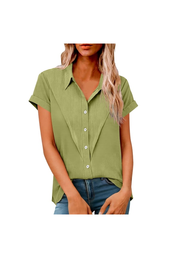 Women Short Sleeve Shirt Classic Pleated Textured Lapel Blouse Business Casual Tops Yellow