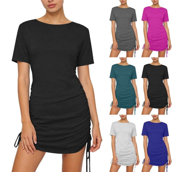 Miluxas Women Side Drawstring Tunic Dress Trendy Casual Mini T Shirt Dresses Crewl Neck Short Sleeve Slim Fit Ruched Dress Hot Pink