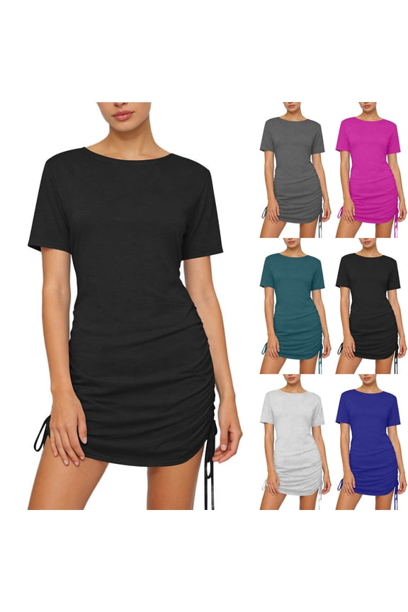 Women Side Drawstring Tunic Dress Trendy Casual Mini T Shirt Dresses Crewl Neck Short Sleeve Slim Fit Ruched Dress Hot Pink