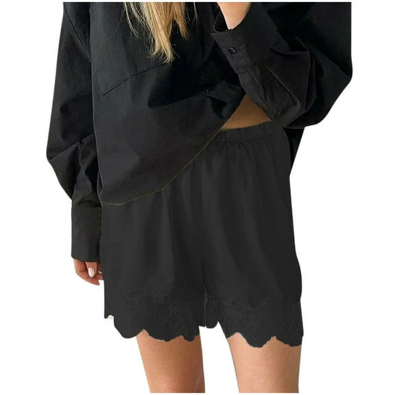 Miluxas Women Silk Lace Shorts Satin Elastic Waist Lace Trim Shorts Silk Patchwork Lounge Pettipants Slip Bottoms Black S(S)