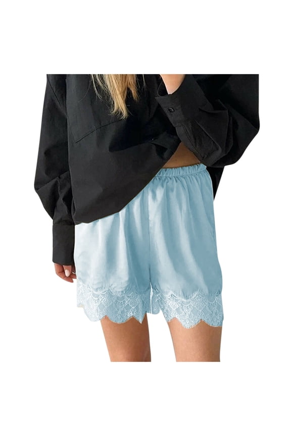 Women Silk Lace Shorts Satin Elastic Waist Lace Trim Shorts Silk Patchwork Lounge Pettipants Slip Bottoms Sky Blue M(M)