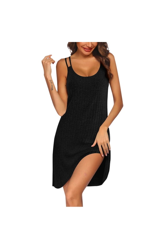 Women Sleeveless Sleepwear Sleep Dress Ribbed Knit Night Shirt Chemise Nighties Nightgowns Black M(M)