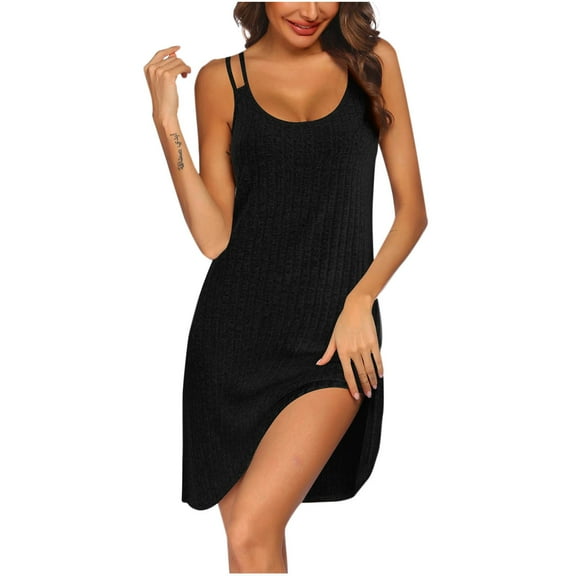 Miluxas Women Sleeveless Sleepwear Sleep Dress Ribbed Knit Night Shirt Chemise Nighties Nightgowns Black XXL(XXL)