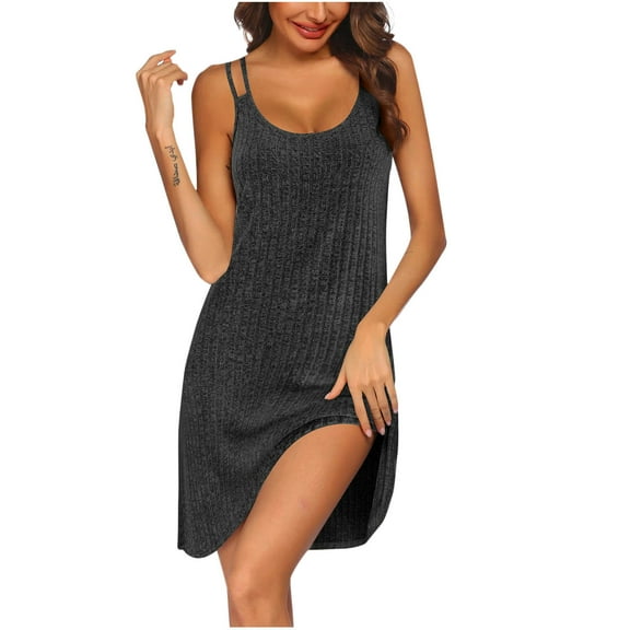 Miluxas Women Sleeveless Sleepwear Sleep Dress Ribbed Knit Night Shirt Chemise Nighties Nightgowns Dark Gray M(M)
