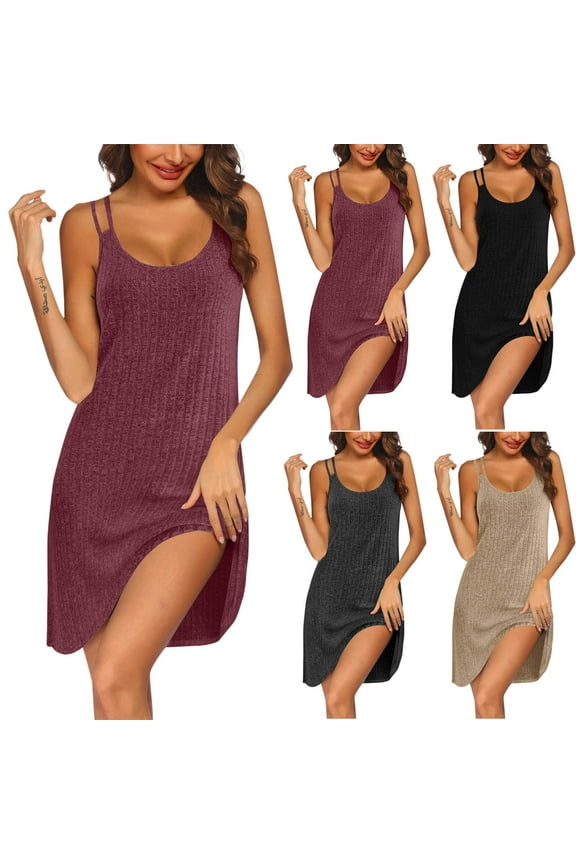 Women Sleeveless Sleepwear Sleep Dress Ribbed Knit Night Shirt Chemise Nighties Nightgowns Red XL(XL)