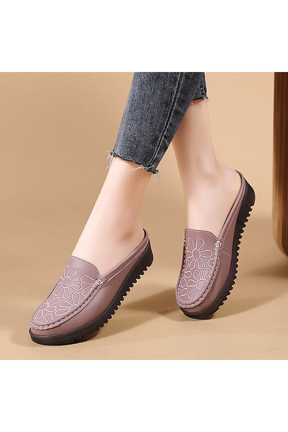 Women Slip On Backless Loafers Comfort Leather Wide Low Top Casual Platform Shoes Purple 8.5(41)