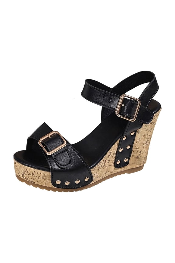 Women Slip on Platform Wedge Sandals Slide Fish Mouth Open Toe Ankle Strap Plus Size High Heel Sandals Black 9(42)