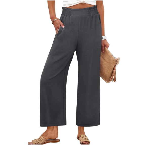Miluxas Women Smocked Waist Ruffle Hem Pant Summer Wide Leg Pants Solid Versatile Business Casual Pant with Pockets Gray