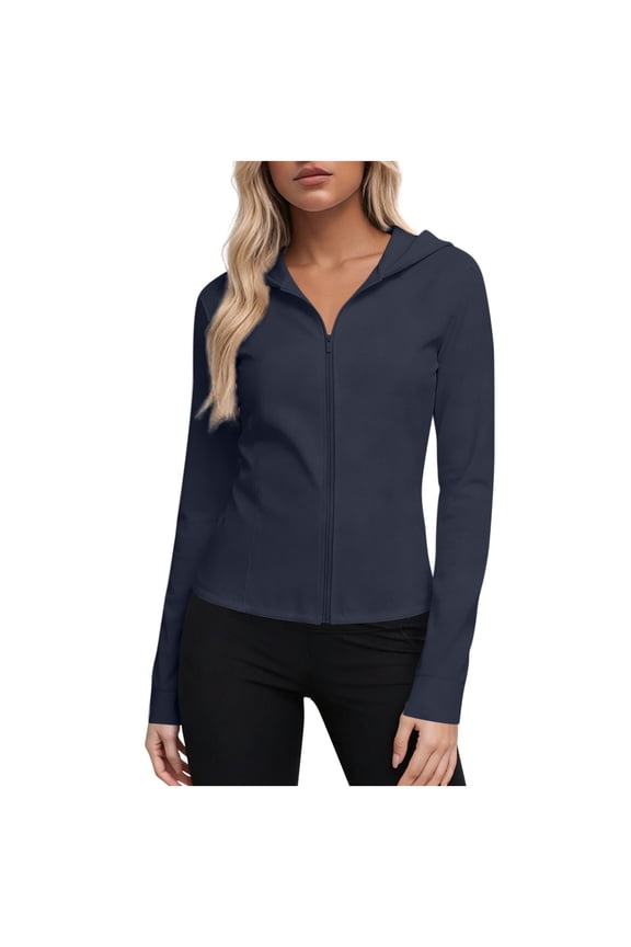 Women Sport Jackets with Hood Compression Workout Tops Lightweight Yoga Gym Jacket Navy L(L)