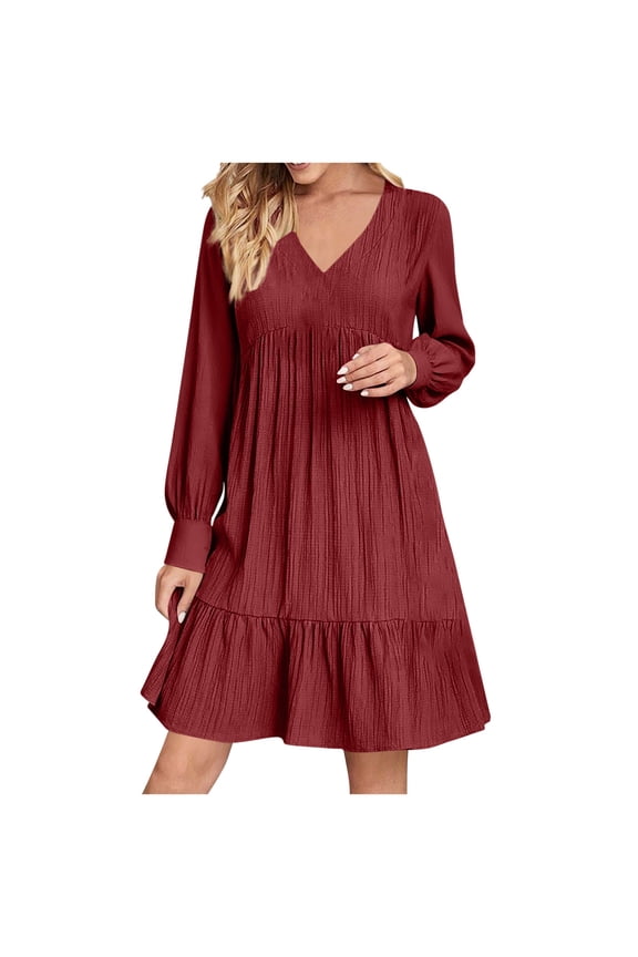 Women Spring Tunic Dress V Neck Casual Tiered Long Sleeve A-Line Swing Mini Babydoll Dress Wine L(L)