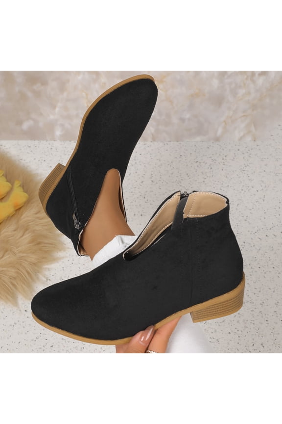 Women Stacked Mid Heels Ankle Bootie Round Toe Block Low Heel Pumps Classic V Cut Short Booties Black 8.5(41)