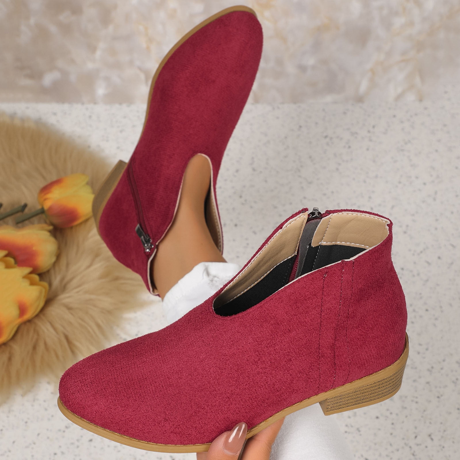 Miluxas Women Stacked Mid Heels Ankle Bootie Round Toe Block Low Heel ...
