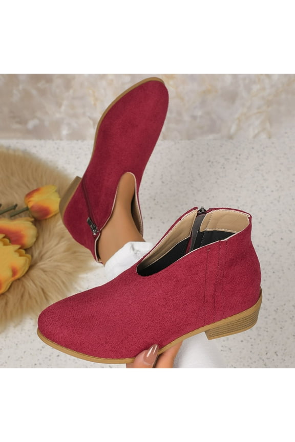 Women Stacked Mid Heels Ankle Bootie Round Toe Block Low Heel Pumps Classic V Cut Short Booties Red 9(42)