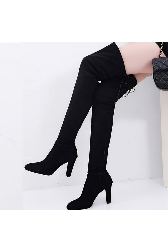 Women Stretch Suede Chunky Boots Heel Over the Knee Boots Thigh High for Women Black 7.5(40)