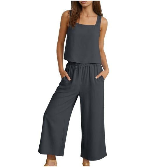 Miluxas Women Summer 2 Piece Sets Square Neck Sleeveless Crop Tops Wide Leg Pants Matching Sets Travel Vacation Outfits Dark Gray