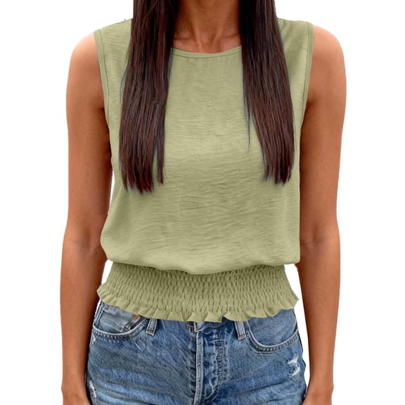 Miluxas Women Summer Casual Solid Color Sleeveless Crew Neck Spring Blouse Shirt Green XL(XL)