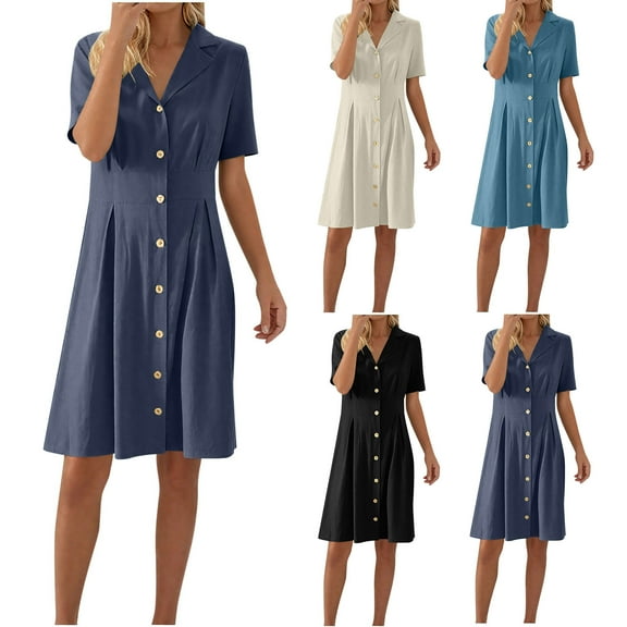 Miluxas Women Summer Casual Work Button Down Shirt Dress Beach Wedding Guest Midi Short Sleeve Dresses Navy XL(XL)