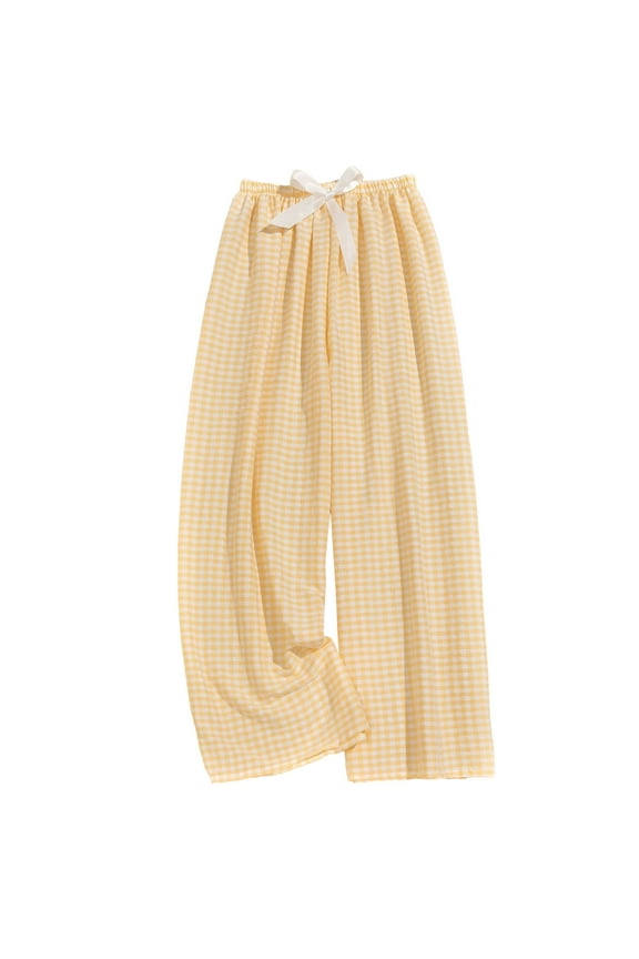 Women Summer Pants High Waist Casual Wide Leg Plaid Print Lace up Lounge Trousers Yellow Free Size