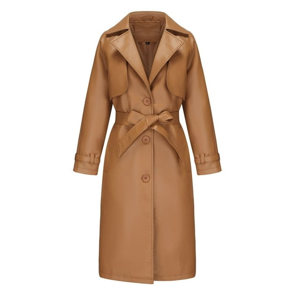 Miluxas Women Trench Coat Long Loose Jacket Faux PU Leather Oversize Classic Lapel Overcoat with Belt