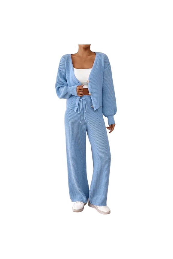 Women Two Piece Outfits Button Down Long Sleeve Cardigan Sweater and Drawstring Pants Ribbed Matching Lounge Sets Sky Blue M(M)