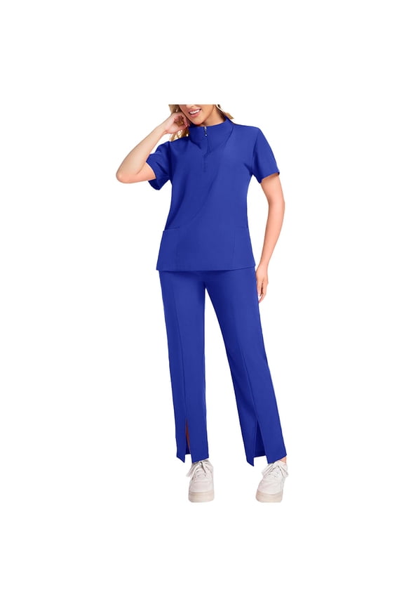 Women Uniform Set Mock Neck Short Sleeve Top Matching Jogger Pants with Pockets Quick Drying Medical Nurse Uniform Blue