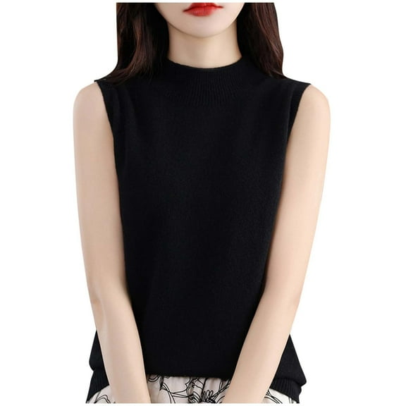 Miluxas Women Vest Mock Neck Thin Casual Sleeveless Pullover office Lady Sweater Tops Black XL(XL)