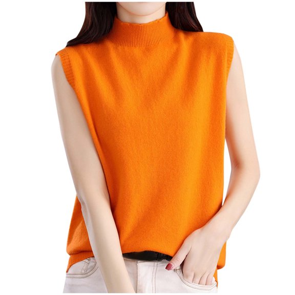 Miluxas Women Vest Mock Neck Thin Casual Sleeveless Pullover office Lady Sweater Tops Orange XXL(XXL)