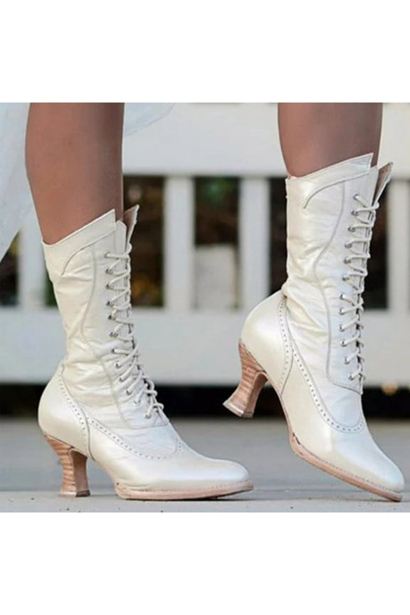 Women Victorian Vintage Knee High Boots Kitten Heel Pointed Toe Lace Up Knee Length Boots Pull On Long Boot White 6(37)