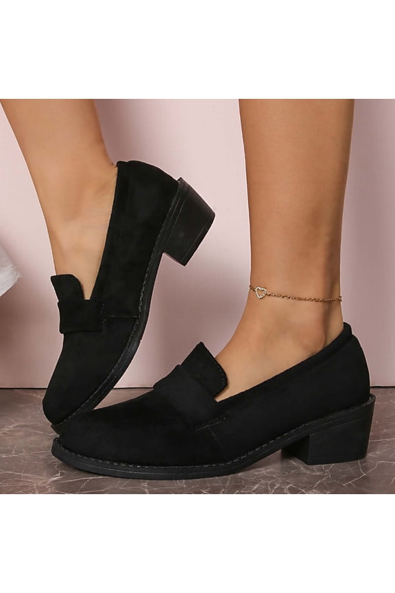 Women Vintage Chunky Heel Loafers Pumps Platform Round Closed Toe Shoes Suede Slip On Dress Loafer Block Stacked Heels Black 5.5(36)
