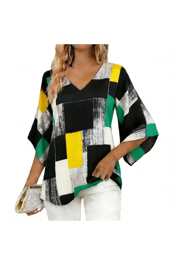 Women Vintage Geometric Print 3/4 Sleeve V Neck Blouse Casual Loose Chiffon Shirt Fashion Summer Boho Tops Yellow