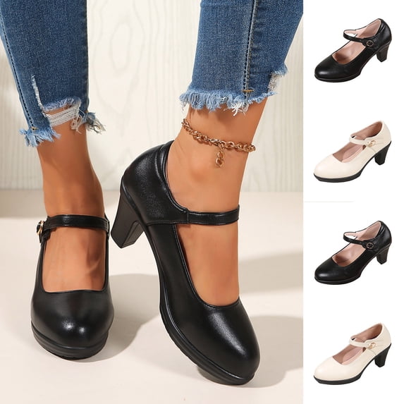 Miluxas Women Vintage Mary Janes Bridal Shoes Closed Toe Dress Shoe Chunky Heel Pumps Wedding Shoes White 9(42)