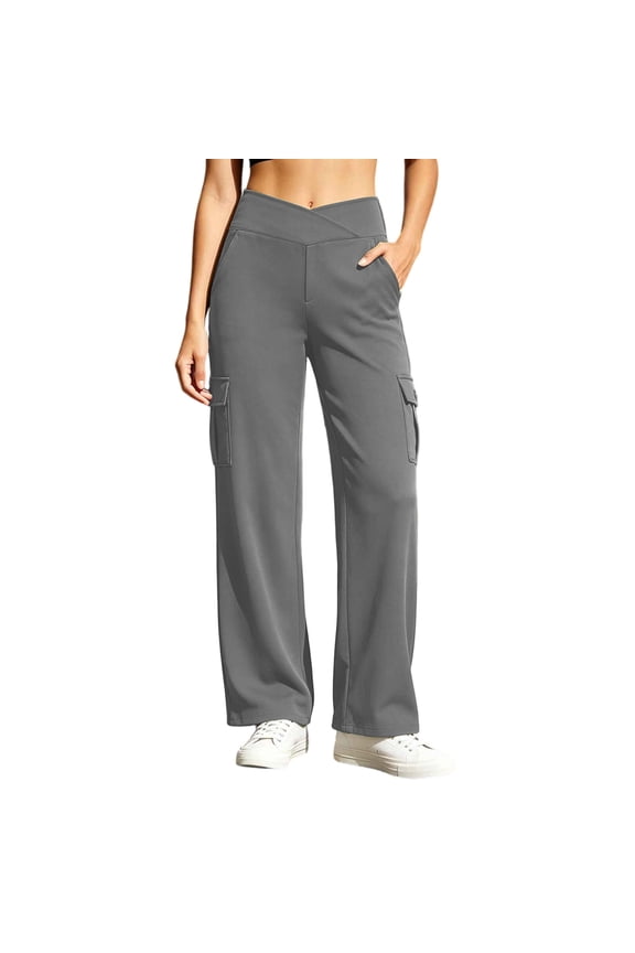 Women Wide Leg Cargo Pants Criss Cross Waist Casual Hiking Trousers with Multi Pockets Stretchy Comfy Streetwear Pants for Vacation Dark Gray