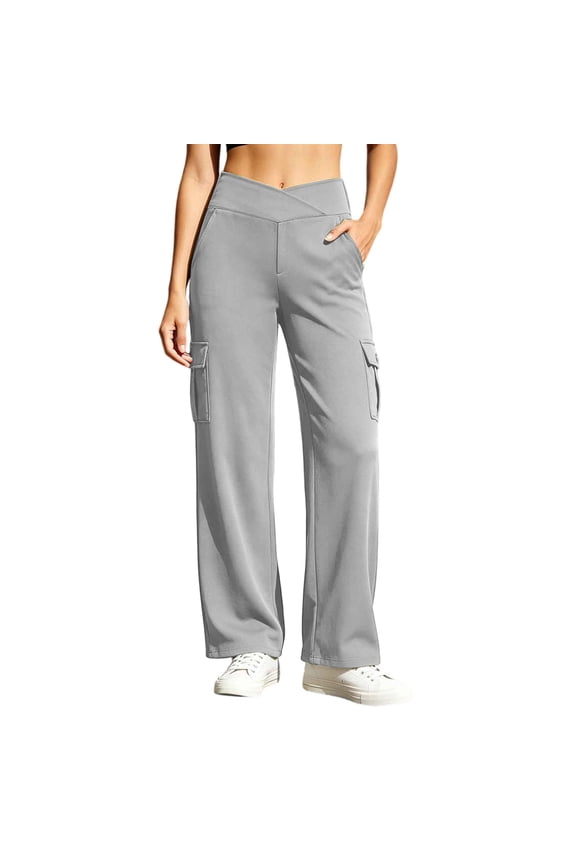 Women Wide Leg Cargo Pants Criss Cross Waist Casual Hiking Trousers with Multi Pockets Stretchy Comfy Streetwear Pants for Vacation Gray