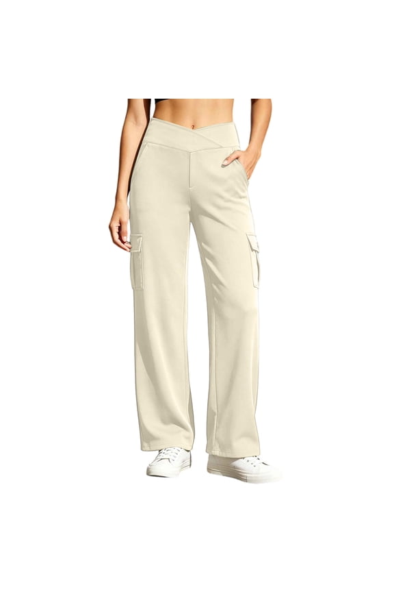 Women Wide Leg Cargo Pants Criss Cross Waist Casual Hiking Trousers with Multi Pockets Stretchy Comfy Streetwear Pants for Vacation Khaki