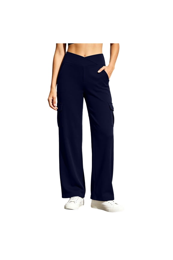 Women Wide Leg Cargo Pants Criss Cross Waist Casual Hiking Trousers with Multi Pockets Stretchy Comfy Streetwear Pants for Vacation Navy