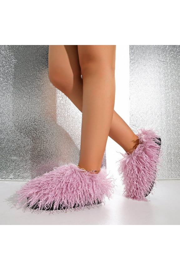 Women Winter Warm Solid Slides Plush Long Designer Fuzzy Sandals Luxury Fashion Flat ry Slippers Purple 5.5(36)