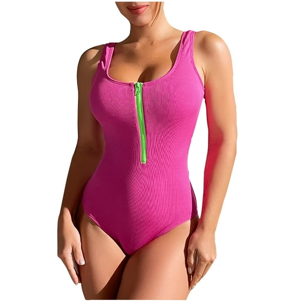 【PORTERNA】Hemp pink swimsuit Miluxas Women Zipper One Piece Swimsuit Clearance Ribbed