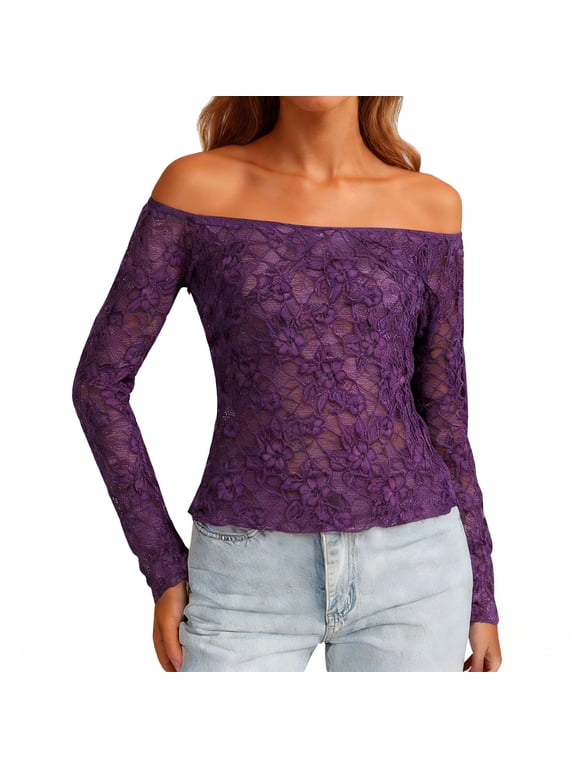 Women Lace Sheer off Shoulder Tops Hollow Out See Through Mesh Base Layer Shirts Long Sleeve Slim Blouse Purple