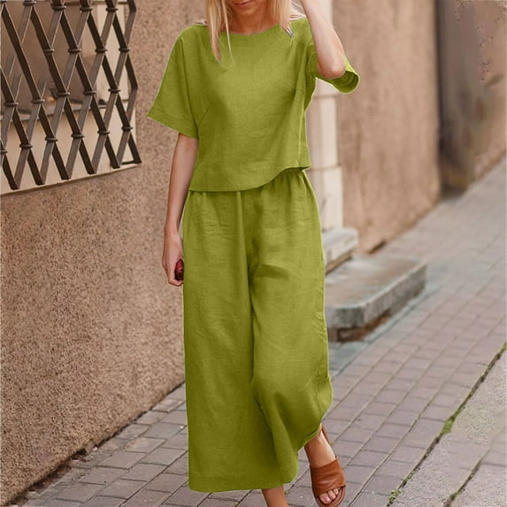 Miluxas Women's 100% Cotton Linen Lounge Set Short Sleeve Top Pajamas Wide Leg Pants Loungewear Outfits S-4XL Green 12(XXL)