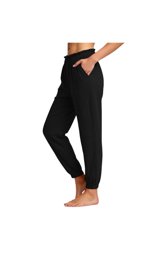 Women's 100% Cotton Pants Relax Fit Lantern Cropped Tapered Pants Casual Solid Elastic Waist Trousers with Pockets Black