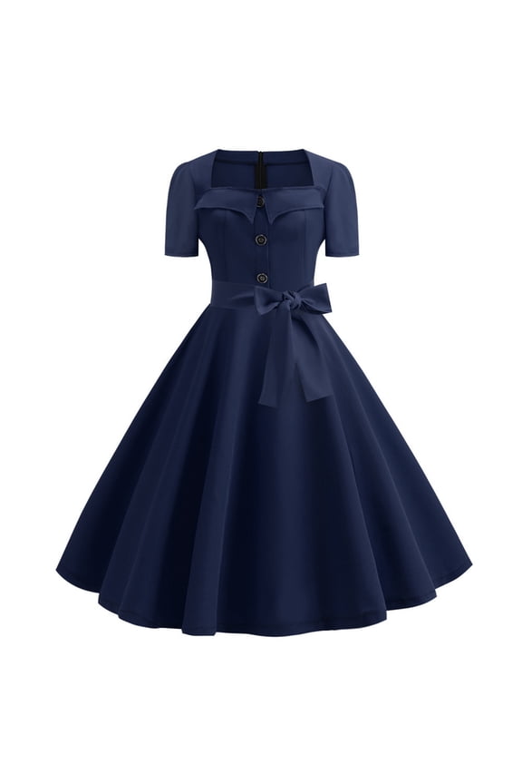 Women's 1950s Vintage Rockabilly Swing Dress Lace Cocktail Prom Party Dress Navy 6(M)
