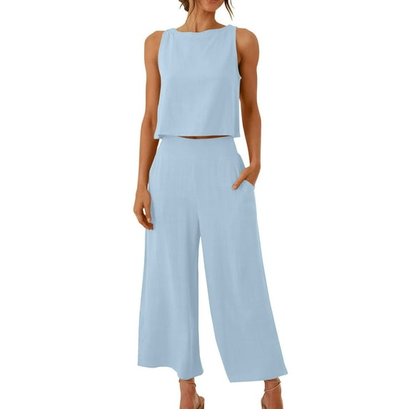 Miluxas Women's 2 Piece Outfits Round Neck Vest Tank Top and Capri Wide Leg Pants with Pocket Sets Light Blue S(S)