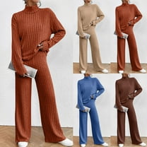 Miluxas Women's 2 Piece Outfits Set Casual Long Sleeve Knit Pullover Top and Wide Leg Pants Sweatsuit Lounge Sets Khaki 10(XL)