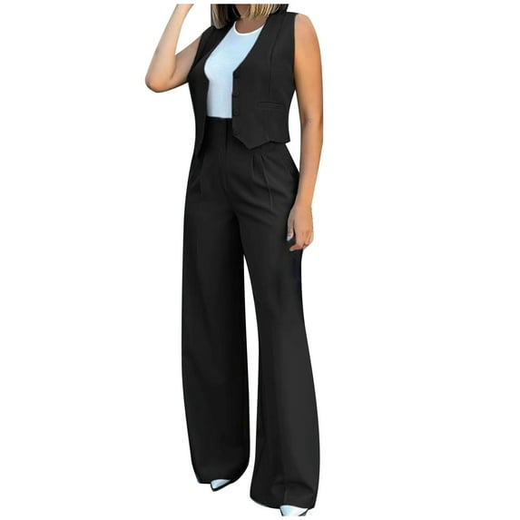 Miluxas Women's 2 Piece Outfits Sleeveless Suit Vest and Wide Leg Pants Business Solid Casual Blazer Sets Black 6(M)