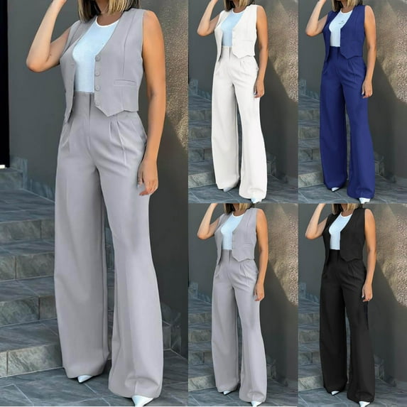 Miluxas Women's 2 Piece Outfits Sleeveless Suit Vest and Wide Leg Pants Business Solid Casual Blazer Sets White 10(XL)