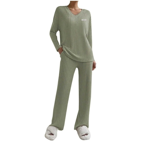 Miluxas Women's 2 Piece Outfits Solid Color Casual V Neck Knit Wide Leg Sweater Lounge Set Sweatsuit Army Green L(L)